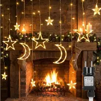 Rosikey Stern Mond Lichterkette 3M Weihnachten Deko Lichtervorhang Warmweiß 124 LED 8 Modi Weihnachtsdekoration Party Fenster Wohnzimmer Schlafzimmer Lichter