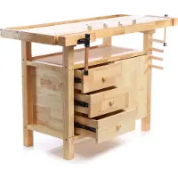 Wiltec Hobelbank 126 x 50 x 84 cm aus Holz, Werkbank bis 150 kg, Werktisch mit Spannzangen, Schubladen und Gerätefach, Arbeitstisch aus Rubberwood