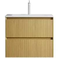 STILVORA Badezimmer-Waschtisch 50x61x39 Keramikbecken 2 Soft-Close Schubladen Massivholz Schrank Wasserfest Badmöbel Beige+Golden Oak+Weiß