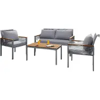 Happyment Loungeset aus Akazienholz und Polyrattan – 2 Sessel, Doppelsitzbank und Tisch – Outdoor Gartenmöbel-Set mit bequemen Kissen – Grau