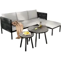 Happyment Loungeset – Gartenmöbelset – 3-Sitzer Sofa mit Fußhocker und 2 Beistelltischen – Handgewebtes dickes Seilgeflecht – Verzinkter Stahl – Beige