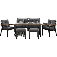 Happyment Tuin Loungeset für Garten oder Terrasse – 7-teilig – Für 6–7 Personen – Mit Sesseln, Bank, Hockern & Servierwagen – Abnehmbare & Waschbare Bezüge – Acacia-Holz – Grau