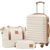 Sonstiges COOLIFE ABS Hartschalen Koffer Trolley Set Weiß/Braun 3tlg I TSA-Schloss I 4 Rollen I Handgepäck mit Reisetasche/Kulturbeutel
