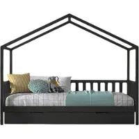 Vipack Hausbett "Dallas, mit Dachaufbau, Kiefer massiv, stabil gebaut", grau (anthrazit, anthrazit, anthrazit), B:97cm H:170cm L:210cm, Betten, Hausbett, wahlweise mit oder ohne Bettschublade