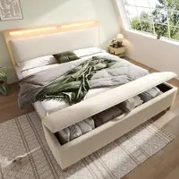 Flieks Jugendbett 180x200cm mit hydraulischem Sitzhocker, Komplettes Schlafzimmerset, Doppelbett Holzbett mit Led, Sitztruhe mit Stauraum, Beige