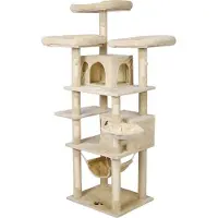 Wiltec Kratzbaum Beige mit Pfotenmotiv 172 cm, Katzenkratzbaum mit Plattformen und Katzenhäuser, Katzenbaum mit Hängematte, Kletterbaum für Katzen