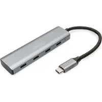 Digitus USB-C Hub, 4-Port, USB 3.2 Gen 1 (3.1 Gen 1) Type-C, USB 3.2 Gen 1 (3.1 Gen 1) Type-C, 5000 Mbit/s, Grau, Aluminium, Rundkabel