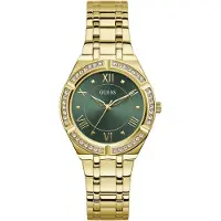 GUESS Quarzuhr "COSMO", gold (goldfarben, dunkelgrün, dunkelgrün), Armbanduhren, Damen, goldfarben, Quarzuhr, Armbanduhr, Damenuhr, analog, Kristallsteine, Edelstahlarmband