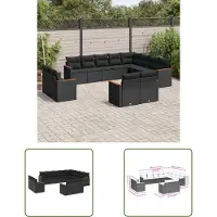 The Living Store 12-tlg. Garten-Sofagarnitur mit Kissen Schwarz Poly Rattan