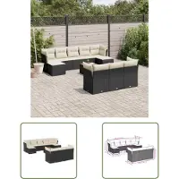 The Living Store 11-tlg. Garten-Sofagarnitur mit Kissen Schwarz Poly Rattan