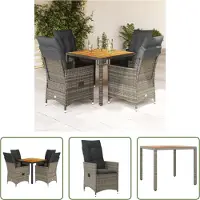 The Living Store 5-tlg. Garten-Essgruppe mit Kissen Grau Poly Rattan