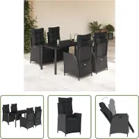 The Living Store 5-tlg. Garten-Essgruppe mit Kissen Schwarz Poly Rattan