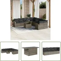 The Living Store 11-tlg. Garten-Sofagarnitur mit Kissen Grau Poly Rattan
