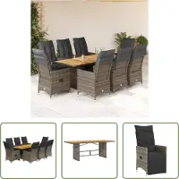 The Living Store 9-tlg. Garten-Essgruppe mit Kissen Grau Poly Rattan