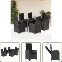 The Living Store 7-tlg. Garten-Essgruppe mit Kissen Schwarz Poly Rattan