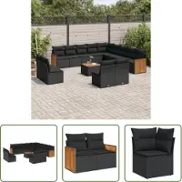 The Living Store 14-tlg. Garten-Sofagarnitur mit Kissen Schwarz Poly Rattan