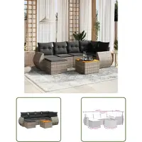 The Living Store 7-tlg. Garten-Sofagarnitur mit Kissen Grau Poly Rattan