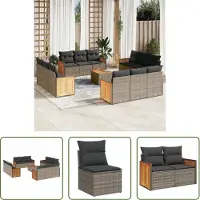 The Living Store 13-tlg. Garten-Sofagarnitur mit Kissen Grau Poly Rattan