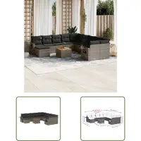 The Living Store 12-tlg. Garten-Sofagarnitur mit Kissen Grau Poly Rattan
