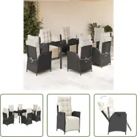 The Living Store 7-tlg. Garten-Essgruppe mit Kissen Schwarz Poly Rattan