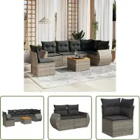 The Living Store 7-tlg. Garten-Sofagarnitur mit Kissen Grau Poly Rattan