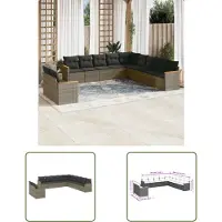 The Living Store 11-tlg. Garten-Sofagarnitur mit Kissen Grau Poly Rattan