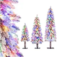 Costway 3er Künstlicher Weihnachtsbaum 90+120+150cm, Christbaum mit Schnee, warmweißen LEDs & Metallständer, schmaler Tannenbaum Weihnachten Grün