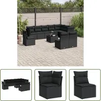 The Living Store 11-tlg. Garten-Sofagarnitur mit Kissen Schwarz Poly Rattan