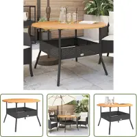 The Living Store Gartentisch mit Holzplatte Schwarz Ø110x71 cm Poly Rattan