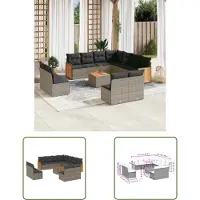 The Living Store 12-tlg. Garten-Sofagarnitur mit Kissen Grau Poly Rattan