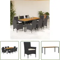 The Living Store 9-tlg. Garten-Essgruppe mit Kissen Schwarz Poly Rattan Akazie