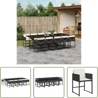 The Living Store 11-tlg. Garten-Essgruppe mit Kissen Schwarz Poly Rattan