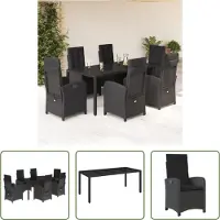 The Living Store 7-tlg. Garten-Essgruppe mit Kissen Schwarz Poly Rattan