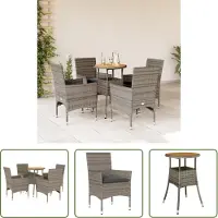 The Living Store 5-tlg. Garten-Essgruppe mit Kissen Grau Poly Rattan Akazie