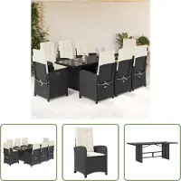 The Living Store 9-tlg. Garten-Essgruppe mit Kissen Schwarz Poly Rattan