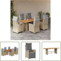 The Living Store 7-tlg. Garten-Essgruppe mit Kissen Beigemischung Poly Rattan