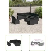The Living Store 12-tlg. Garten-Sofagarnitur mit Kissen Schwarz Poly Rattan