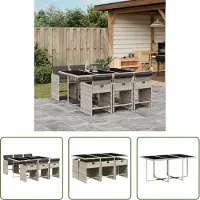The Living Store 7-tlg. Garten-Essgruppe mit Kissen Hellgrau Poly Rattan