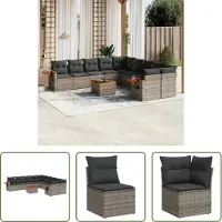 The Living Store 11-tlg. Garten-Sofagarnitur mit Kissen Grau Poly Rattan