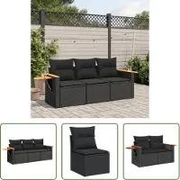 The Living Store 3-tlg. Garten-Sofagarnitur mit Kissen Schwarz Poly Rattan