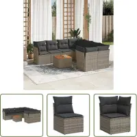 The Living Store 9-tlg. Garten-Sofagarnitur mit Kissen Grau Poly Rattan