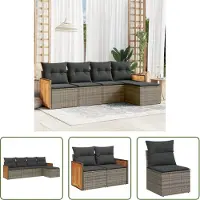 The Living Store 5-tlg. Garten-Sofagarnitur mit Kissen Grau Poly Rattan