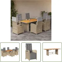 The Living Store 7-tlg. Garten-Essgruppe mit Kissen Beige Poly Rattan