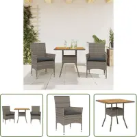 The Living Store 3-tlg. Garten-Essgruppe mit Kissen Grau Poly Rattan Akazie
