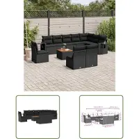 The Living Store 11-tlg. Garten-Sofagarnitur mit Kissen Schwarz Poly Rattan