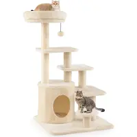 Costway 102 cm Kratzbaum Holz, Katzenbaum Höhl, gepolsterter Sitzstange, Sisal-Kratzpfosten&Plattformen, 7-stöckiges Kletterbaum Katzenkratzbaum Beige
