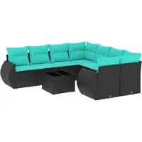 Syfax 9-teiliges Gartensofa-Set mit Kissen, schwarzes Polyrattan