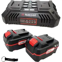 Parkside 20 V Doppelladegerät PDSLG 20 inkl. 2x Akku (4 Ah), Zimmermannsbleistift & Flaschenöffner als Schlüsselanhänger