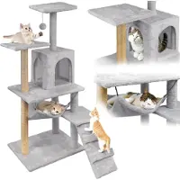 Mersjo Katzenkratzbaum, Katzenhaus mit Spielzeug, hoch, 6 Ebenen, Bett, Comfort Line hellgrau