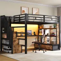 MODFU Jugendbett 140x200 mit Schreibtisch und zwei Schubladen Bettgestell mit Stauraum Hochbett mit LED-Beleuchtung und Regalen mit Matratze Schwarz